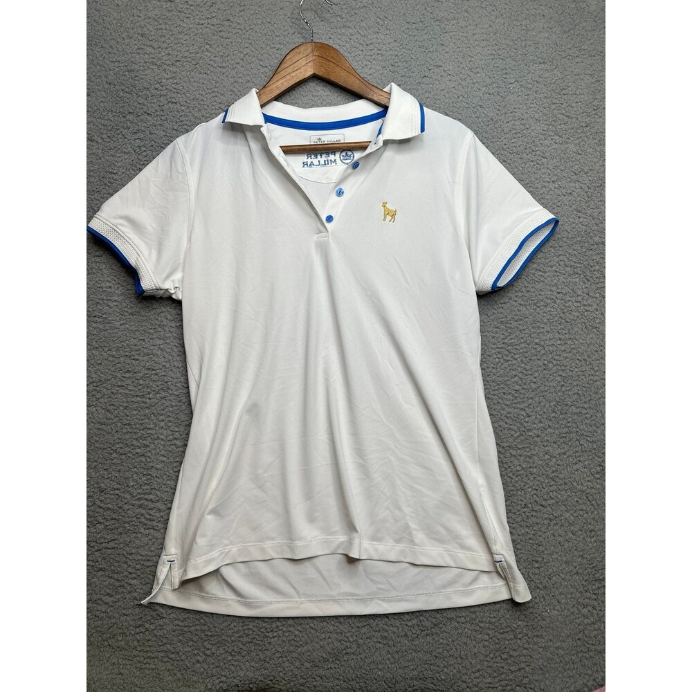 Peter Millar Ladies Polo Shirt with gold goat logo only Huge Spell Out on back L